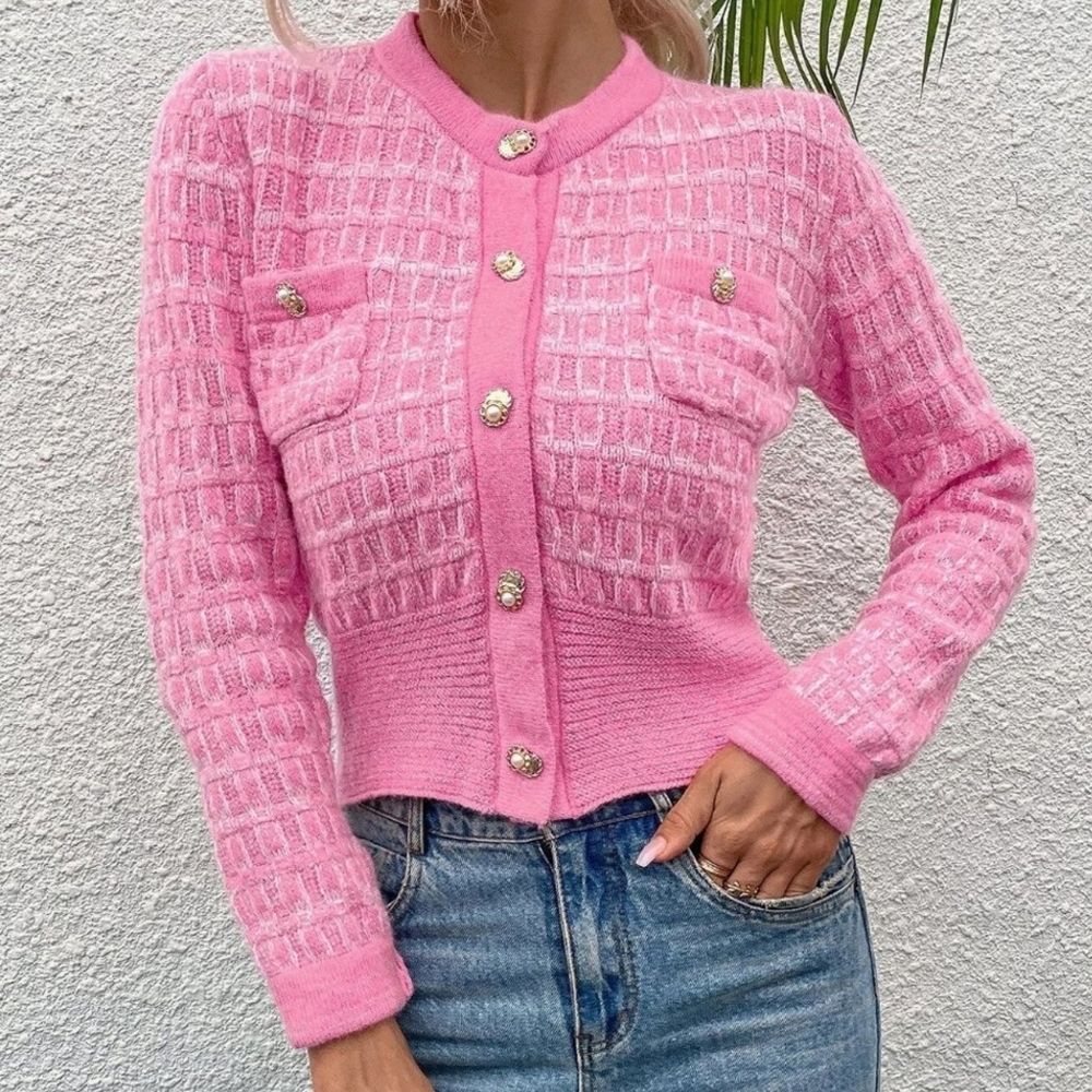 Pink Casual Womens Pocket Patched Button Front Cardigan - Picture 4 of 6